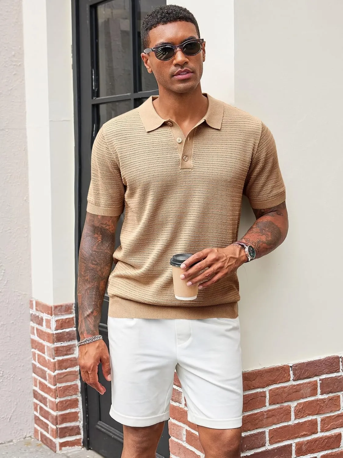 Runcati Mens Knit Polo Shirts Short Sleeve Casual Hollow Out Shirt Texture Classic Golf Polo