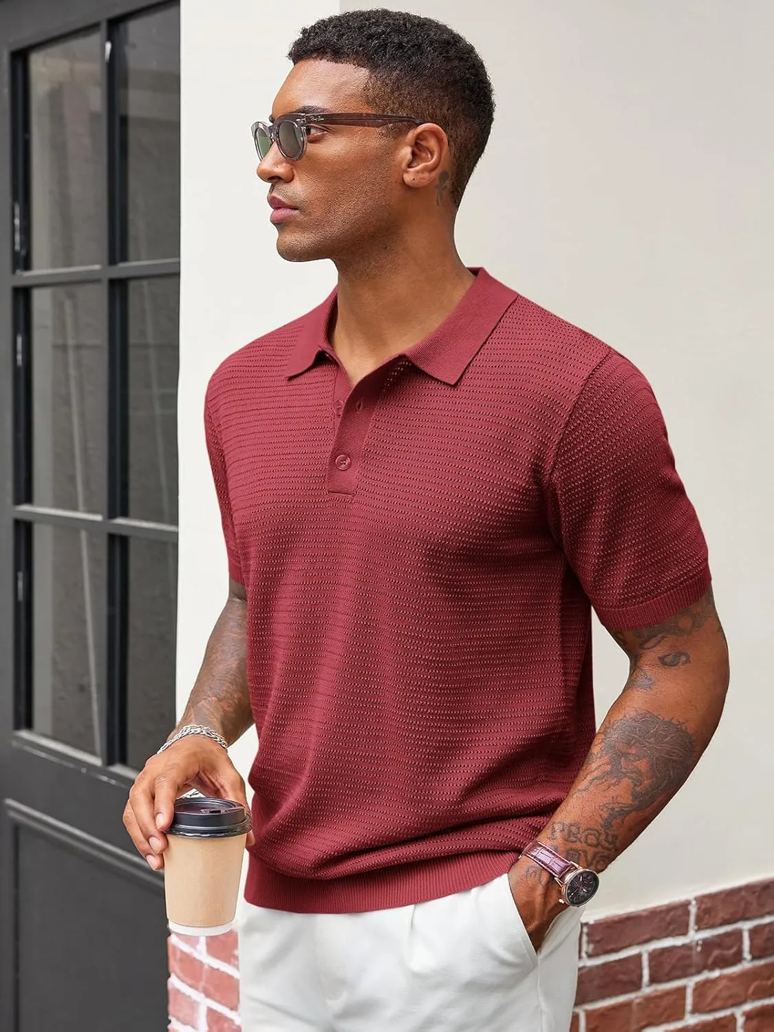 Runcati Mens Knit Polo Shirts Short Sleeve Casual Hollow Out Shirt Texture Classic Golf Polo