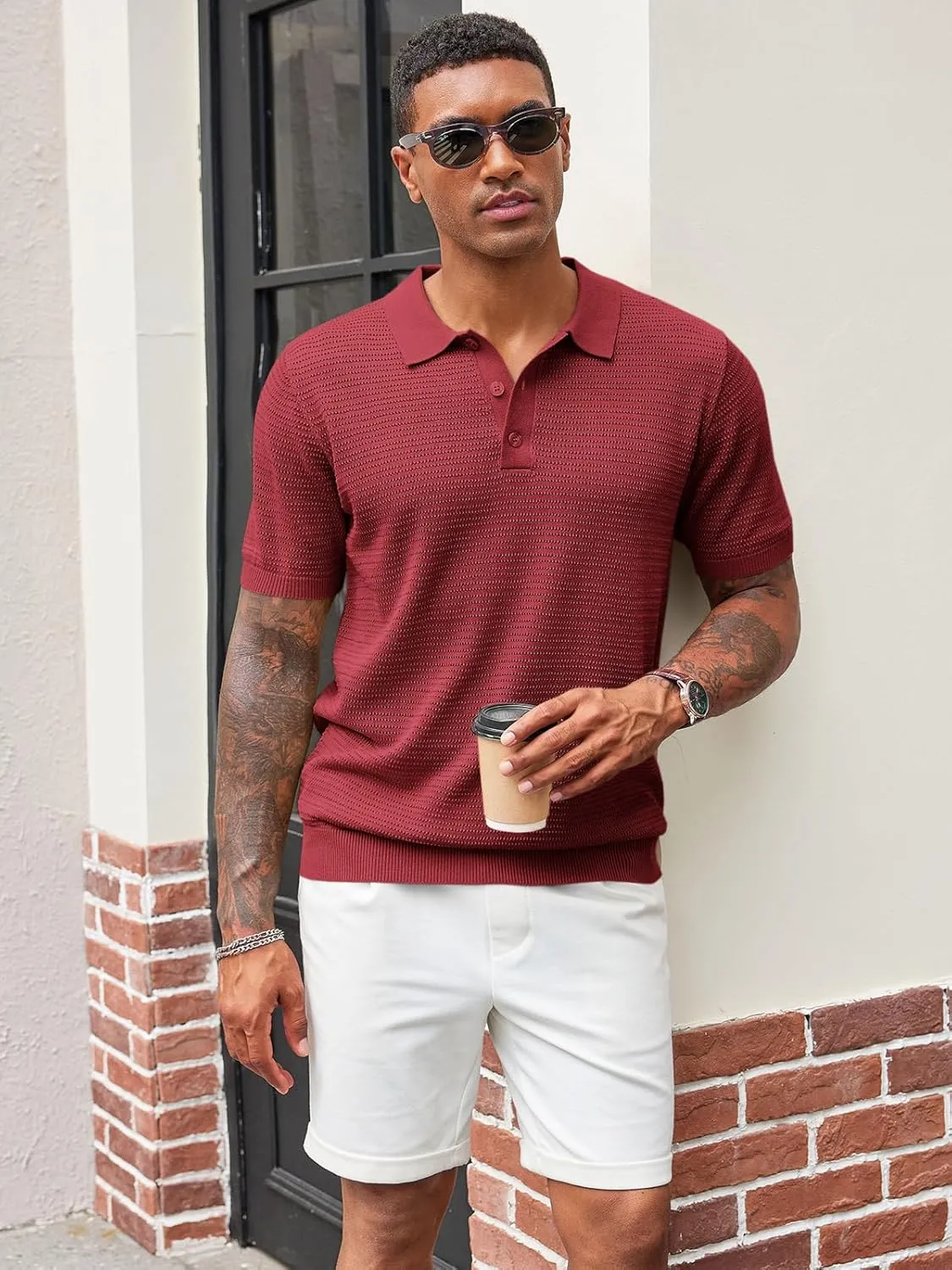 Runcati Mens Knit Polo Shirts Short Sleeve Casual Hollow Out Shirt Texture Classic Golf Polo