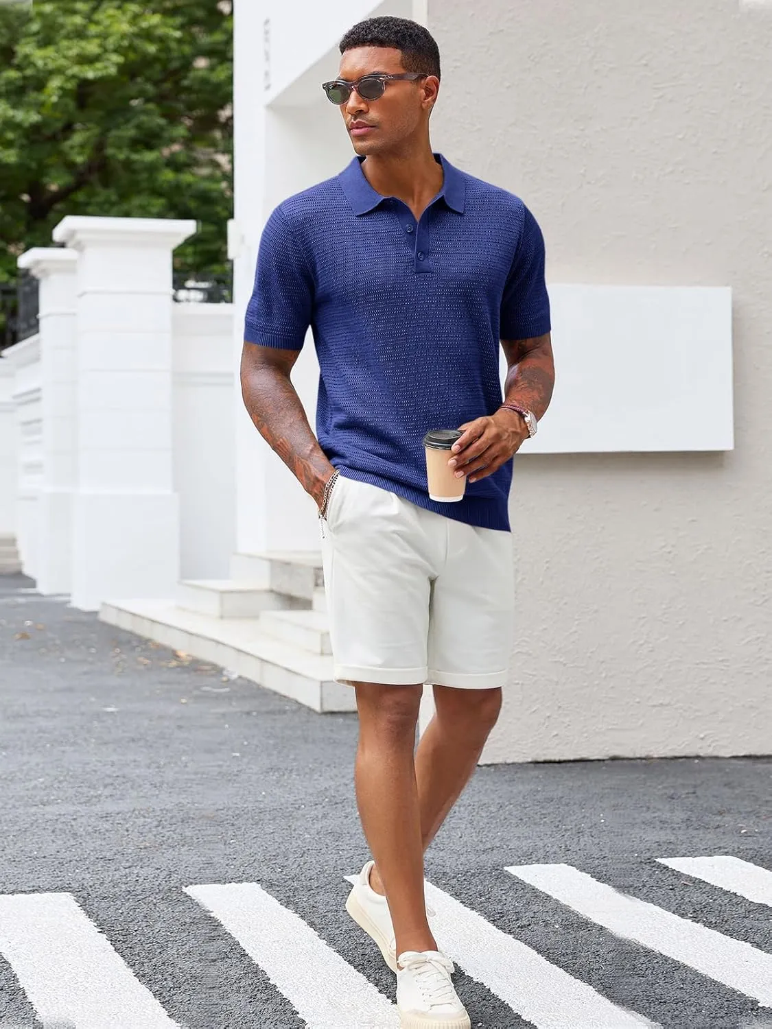 Runcati Mens Knit Polo Shirts Short Sleeve Casual Hollow Out Shirt Texture Classic Golf Polo