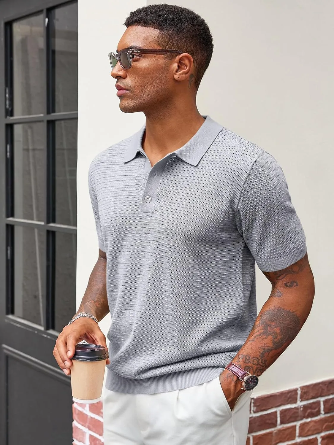 Runcati Mens Knit Polo Shirts Short Sleeve Casual Hollow Out Shirt Texture Classic Golf Polo