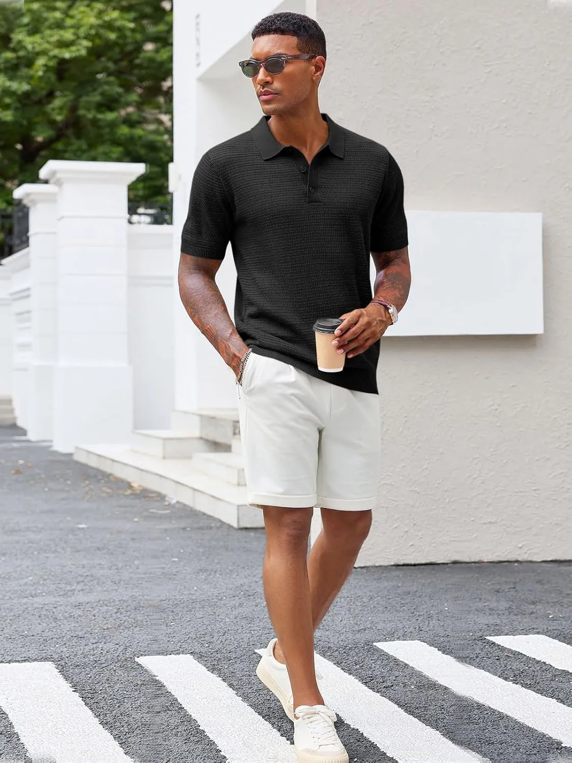 Runcati Mens Knit Polo Shirts Short Sleeve Casual Hollow Out Shirt Texture Classic Golf Polo