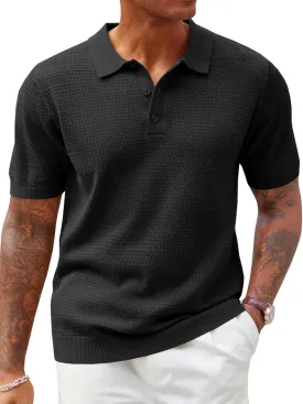 Runcati Mens Knit Polo Shirts Short Sleeve Casual Hollow Out Shirt Texture Classic Golf Polo
