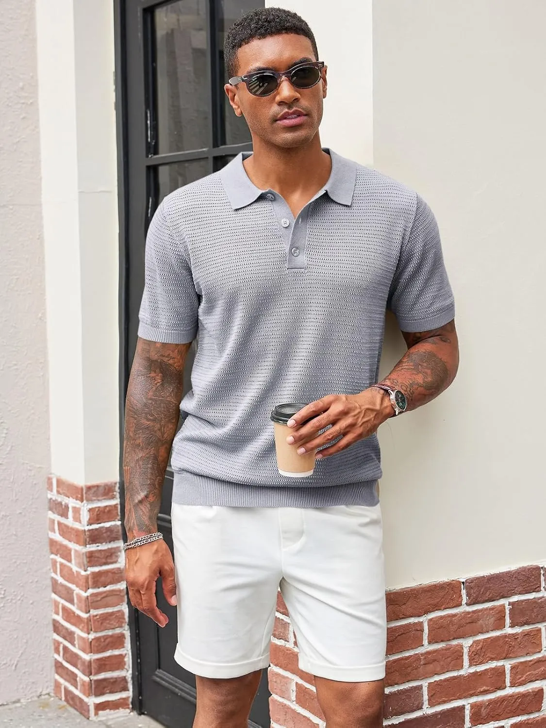 Runcati Mens Knit Polo Shirts Short Sleeve Casual Hollow Out Shirt Texture Classic Golf Polo