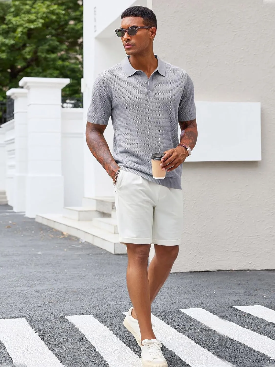 Runcati Mens Knit Polo Shirts Short Sleeve Casual Hollow Out Shirt Texture Classic Golf Polo