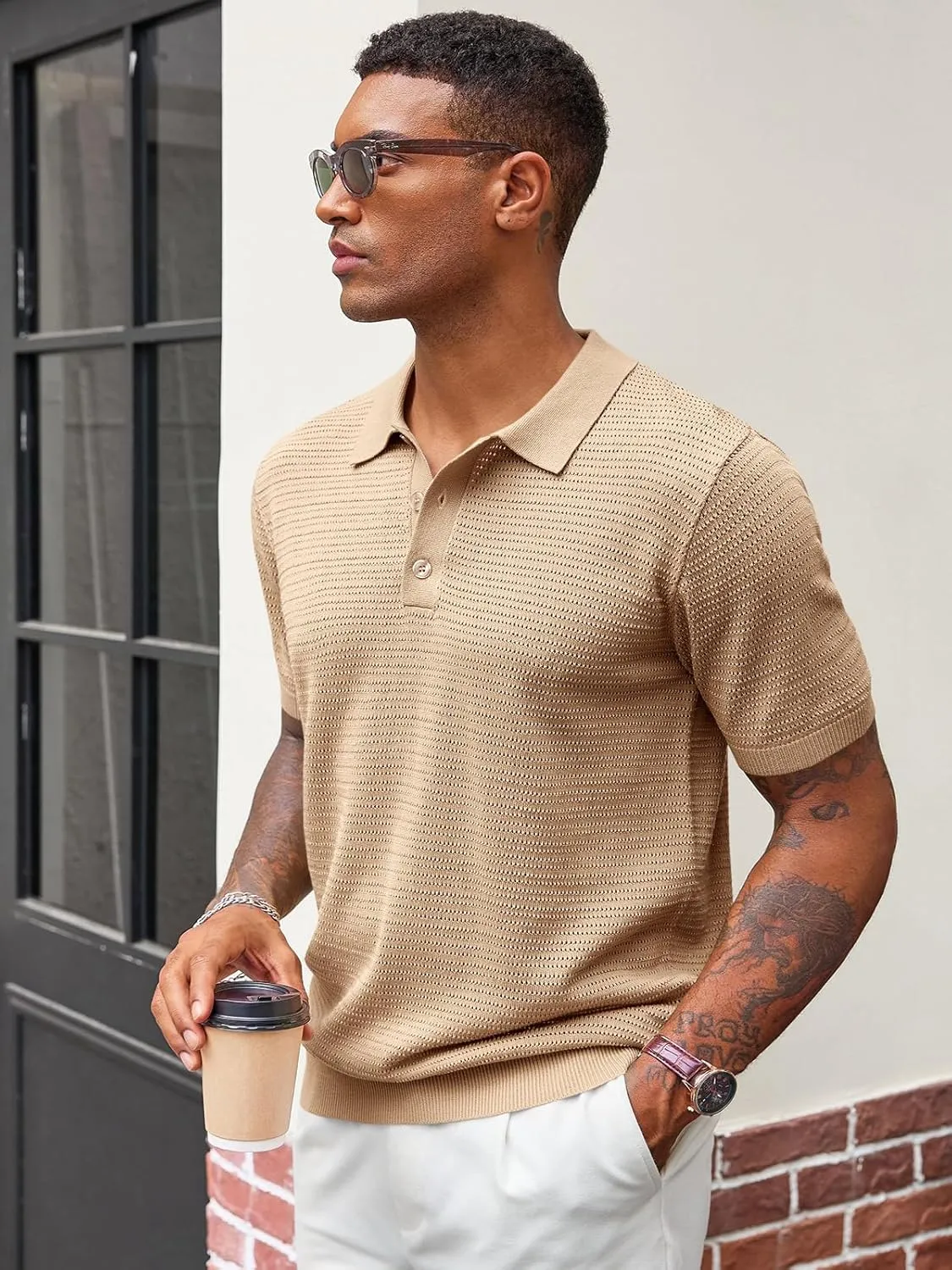 Runcati Mens Knit Polo Shirts Short Sleeve Casual Hollow Out Shirt Texture Classic Golf Polo