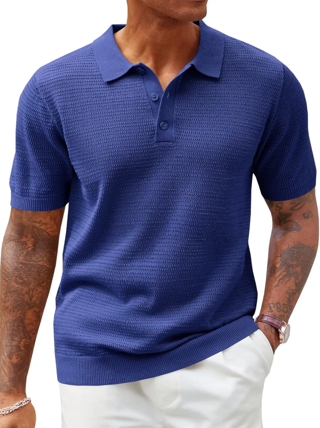 Runcati Mens Knit Polo Shirts Short Sleeve Casual Hollow Out Shirt Texture Classic Golf Polo