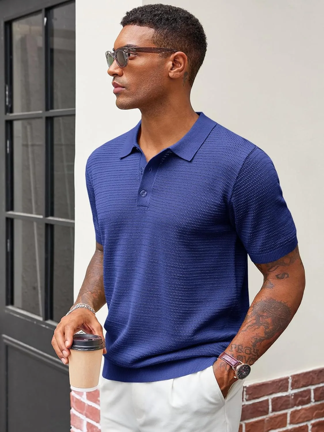 Runcati Mens Knit Polo Shirts Short Sleeve Casual Hollow Out Shirt Texture Classic Golf Polo
