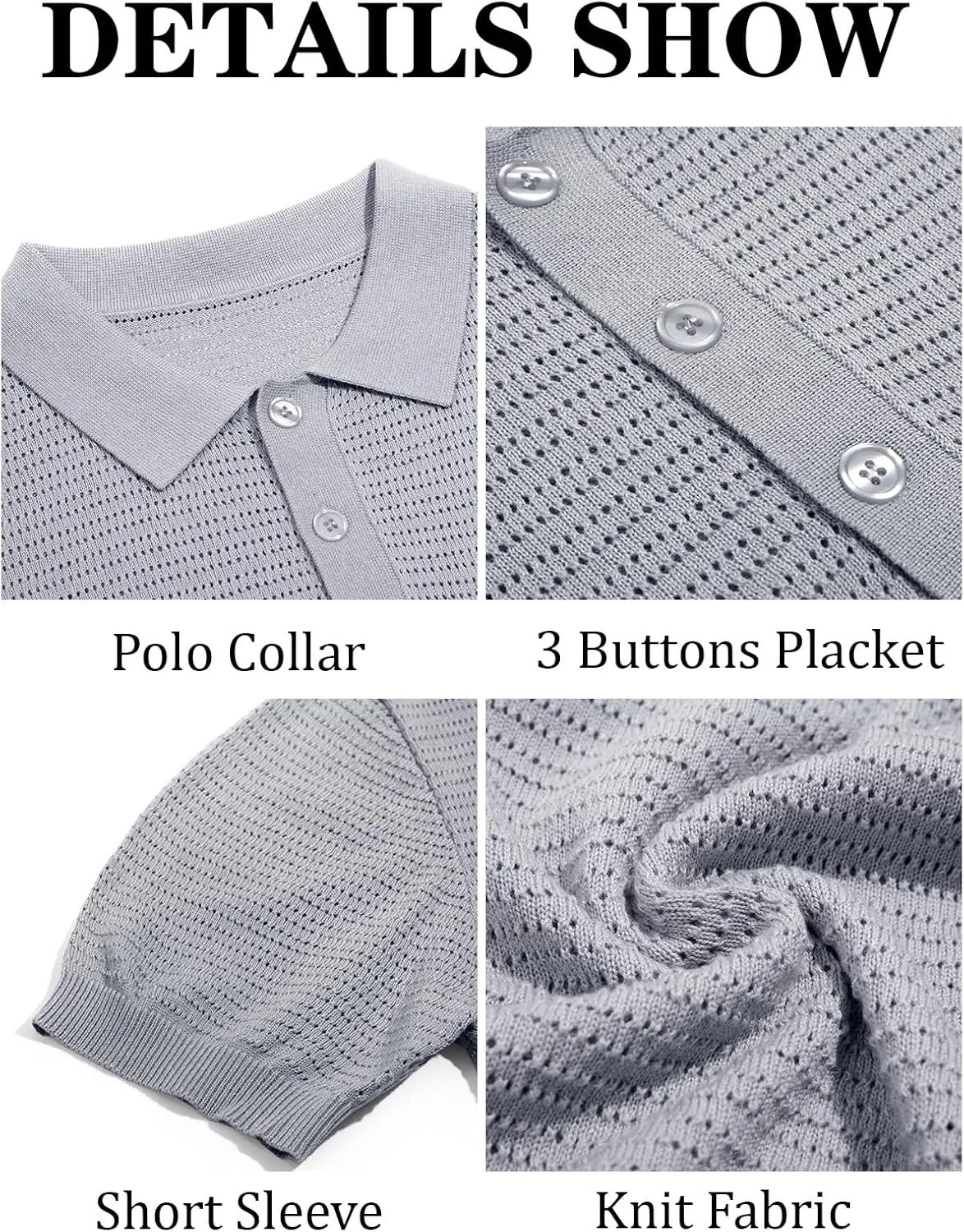 Runcati Mens Knit Polo Shirts Short Sleeve Casual Hollow Out Shirt Texture Classic Golf Polo