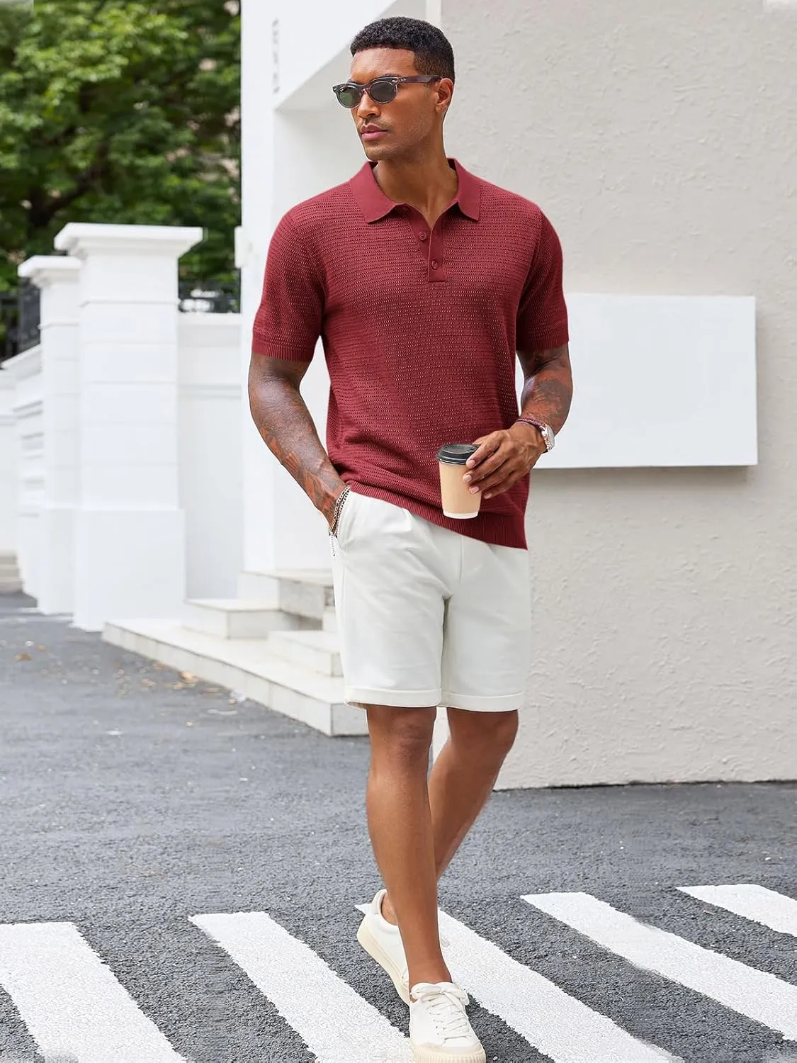 Runcati Mens Knit Polo Shirts Short Sleeve Casual Hollow Out Shirt Texture Classic Golf Polo