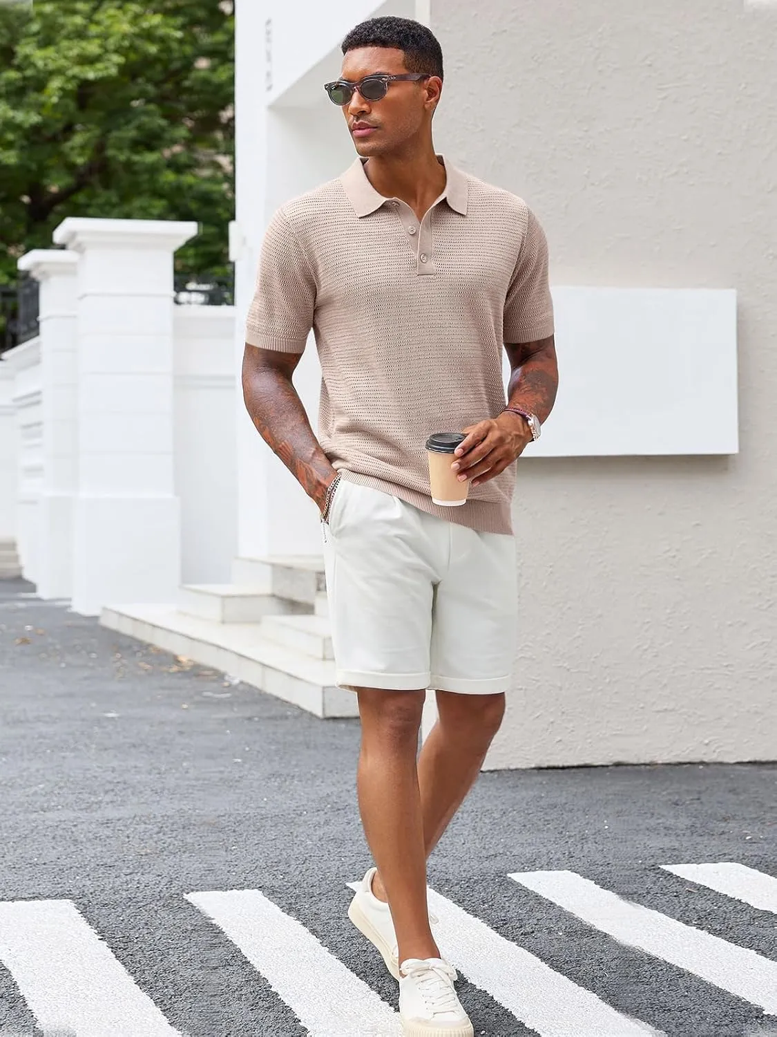 Runcati Mens Knit Polo Shirts Short Sleeve Casual Hollow Out Shirt Texture Classic Golf Polo