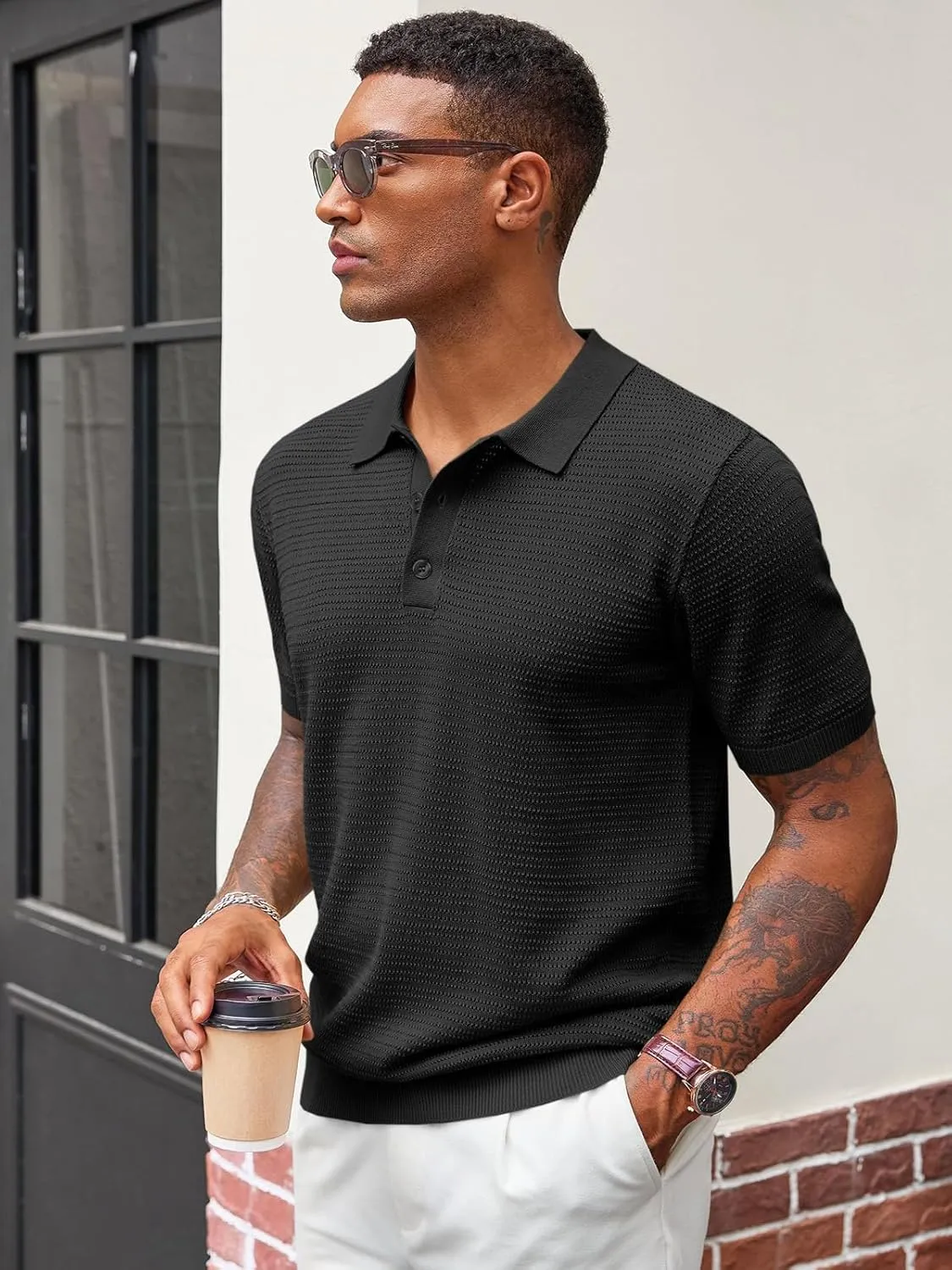 Runcati Mens Knit Polo Shirts Short Sleeve Casual Hollow Out Shirt Texture Classic Golf Polo