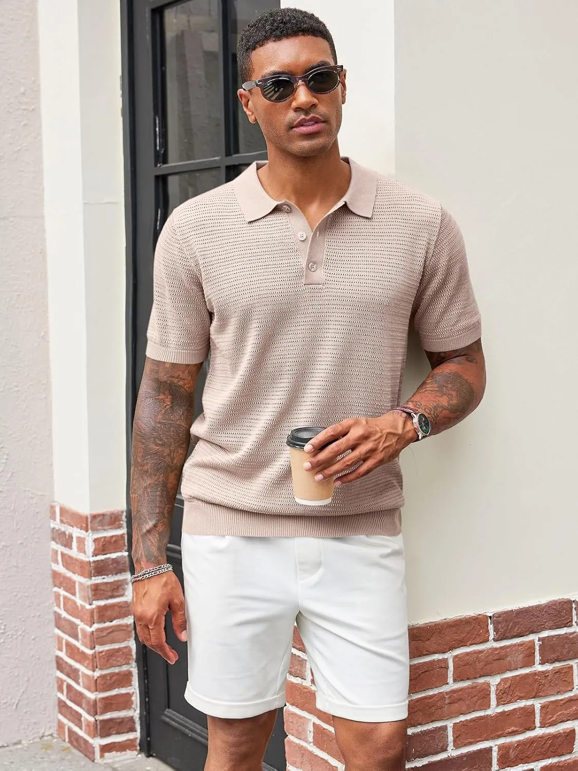 Runcati Mens Knit Polo Shirts Short Sleeve Casual Hollow Out Shirt Texture Classic Golf Polo