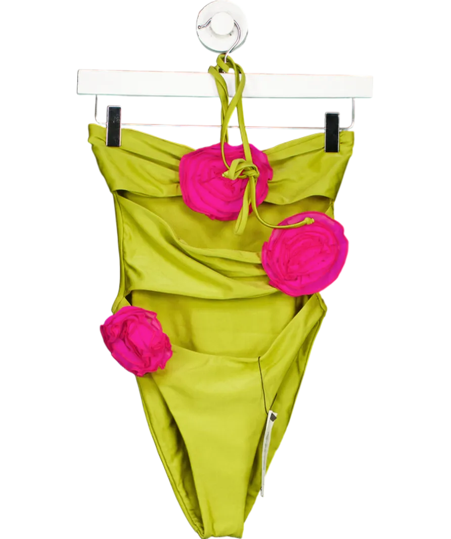 SAME Los Angeles Green / Fuchsia Rose Cut Out One Piece Swimsuit UK XS