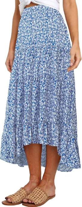 SimpleFun Women's Long Skirts Boho Floral Elastic High Waist Asymmetrical Hem Midi Skirt