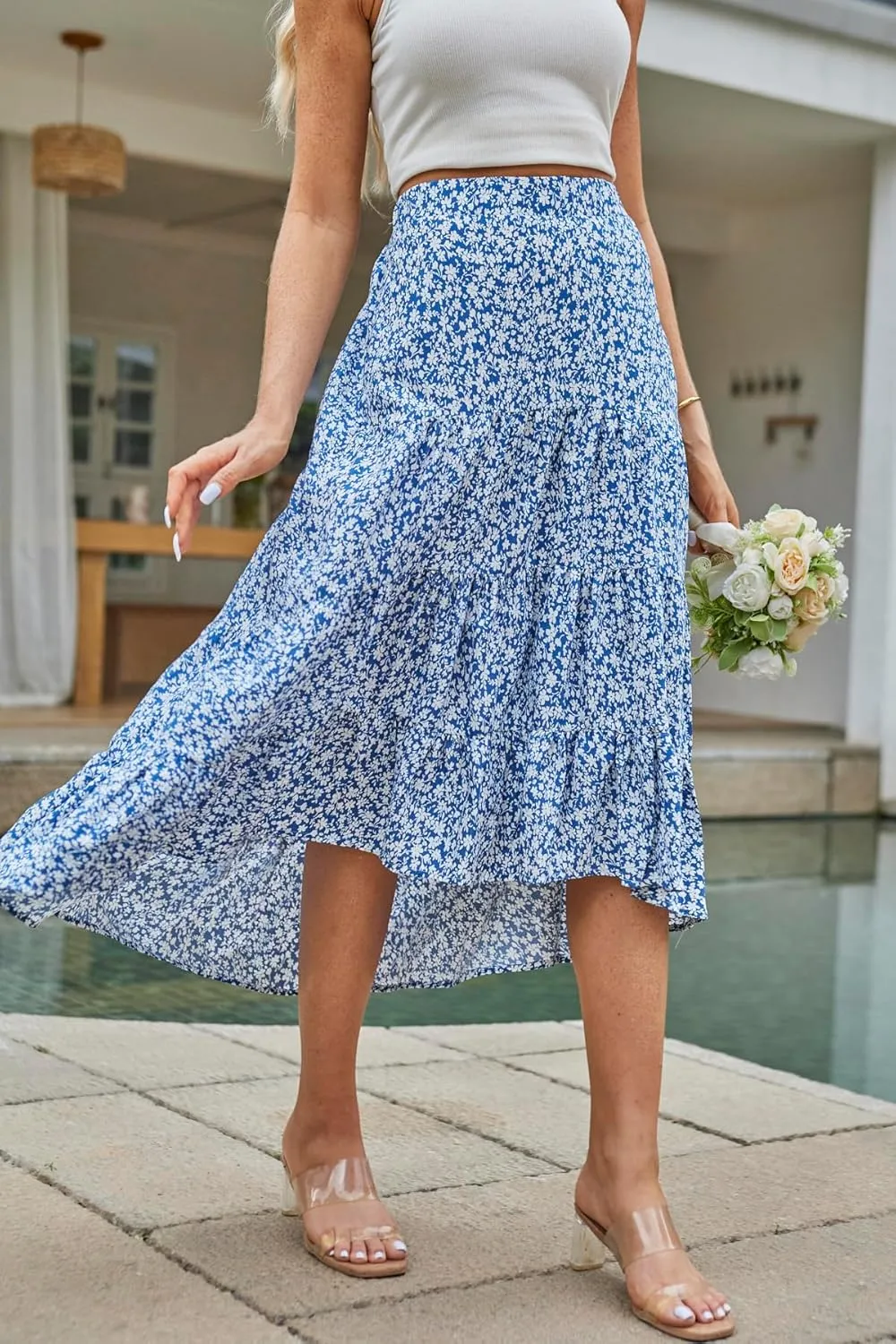 SimpleFun Women's Long Skirts Boho Floral Elastic High Waist Asymmetrical Hem Midi Skirt