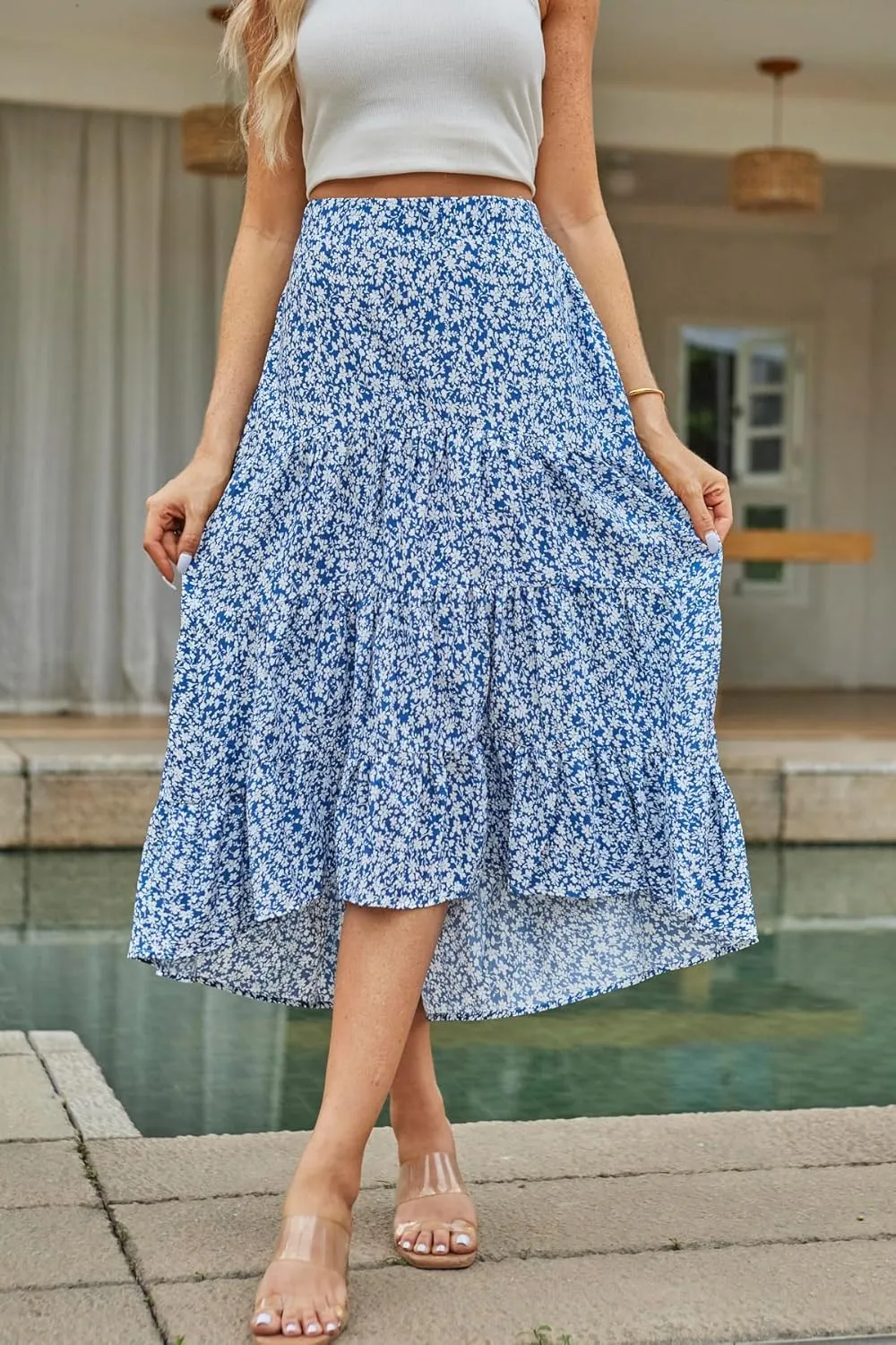 SimpleFun Women's Long Skirts Boho Floral Elastic High Waist Asymmetrical Hem Midi Skirt