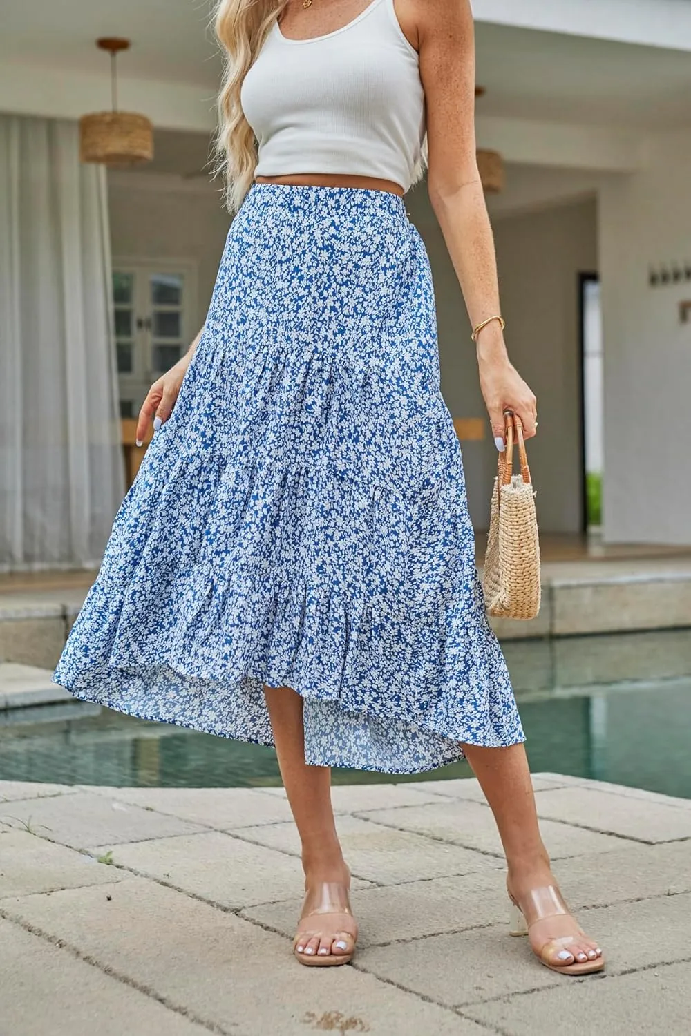 SimpleFun Women's Long Skirts Boho Floral Elastic High Waist Asymmetrical Hem Midi Skirt