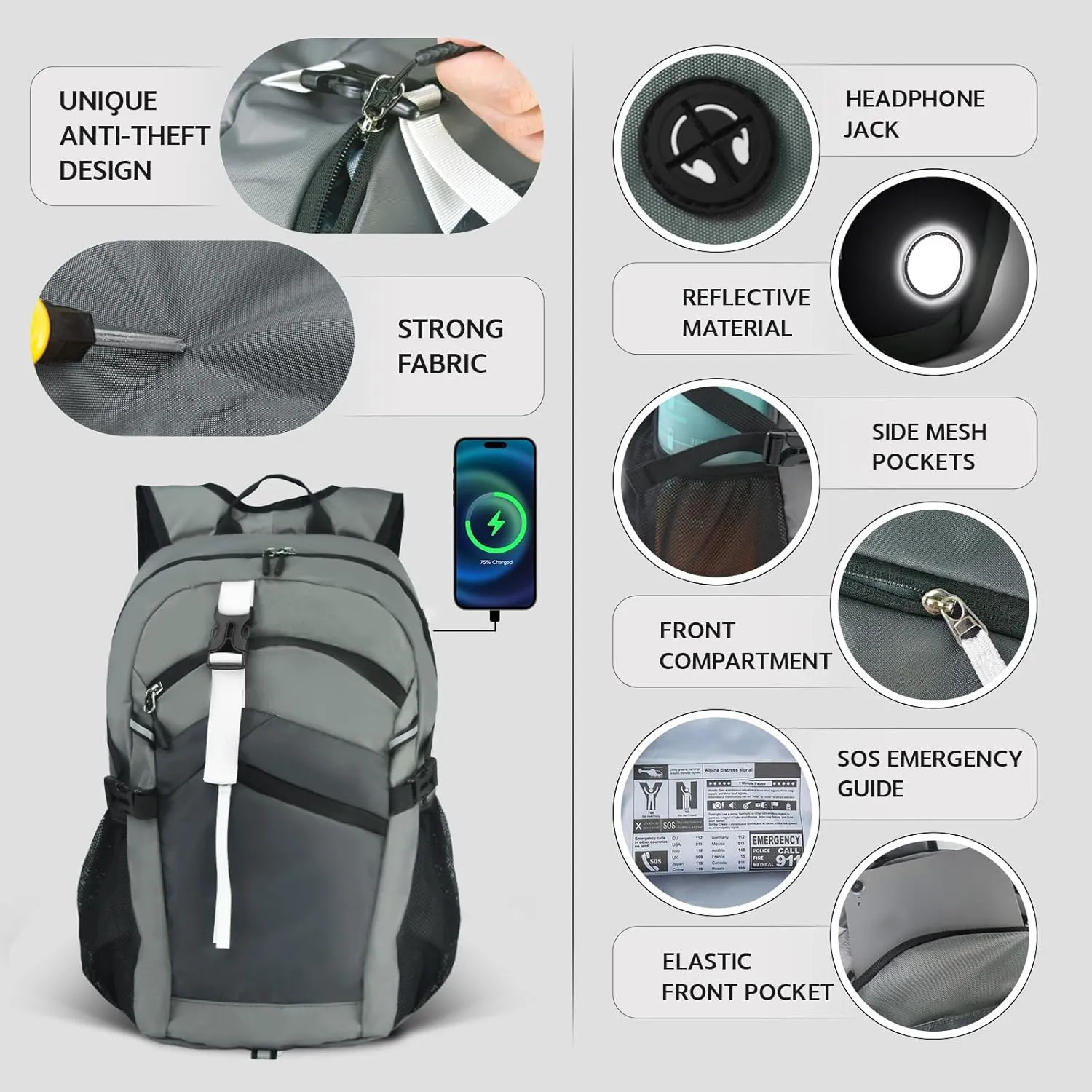 Small Hiking Backpack, 20L Lightweight Travel Backpack with Phone Pocket, Hiking Daypack for Women Men,Grey