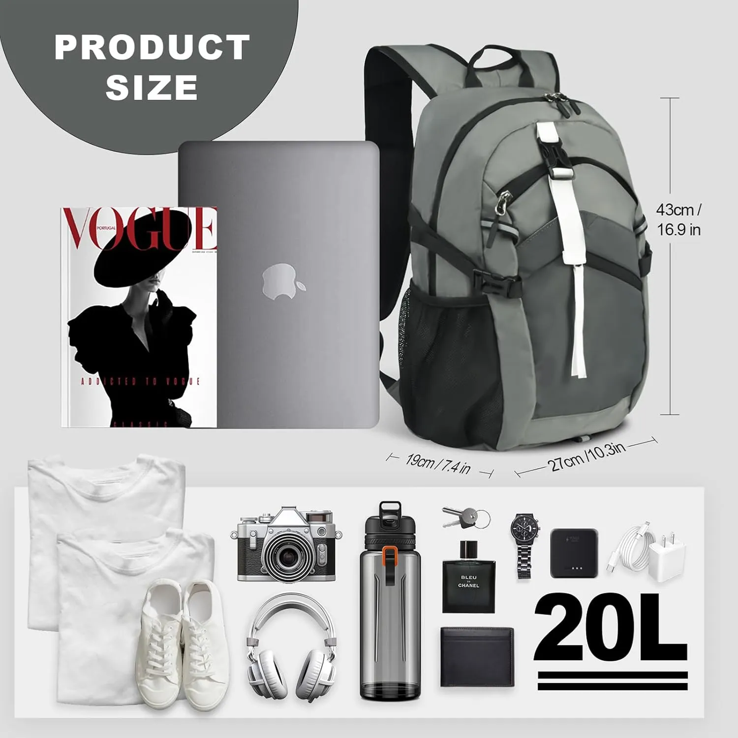 Small Hiking Backpack, 20L Lightweight Travel Backpack with Phone Pocket, Hiking Daypack for Women Men,Grey