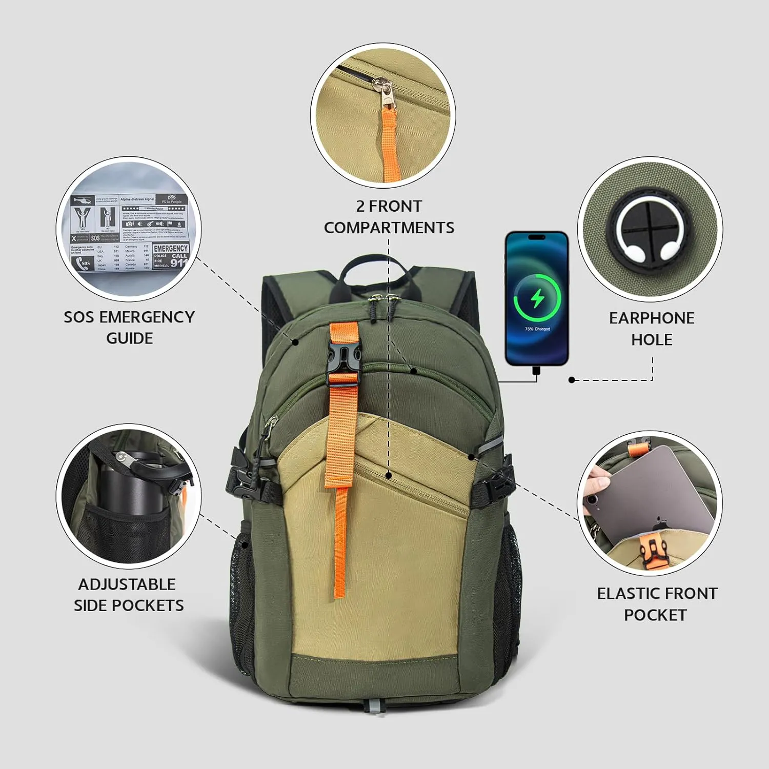 Small Hiking Backpack, 20L Lightweight Travel Backpack with Phone Pocket, Hiking Daypack for Women Men,Olive green