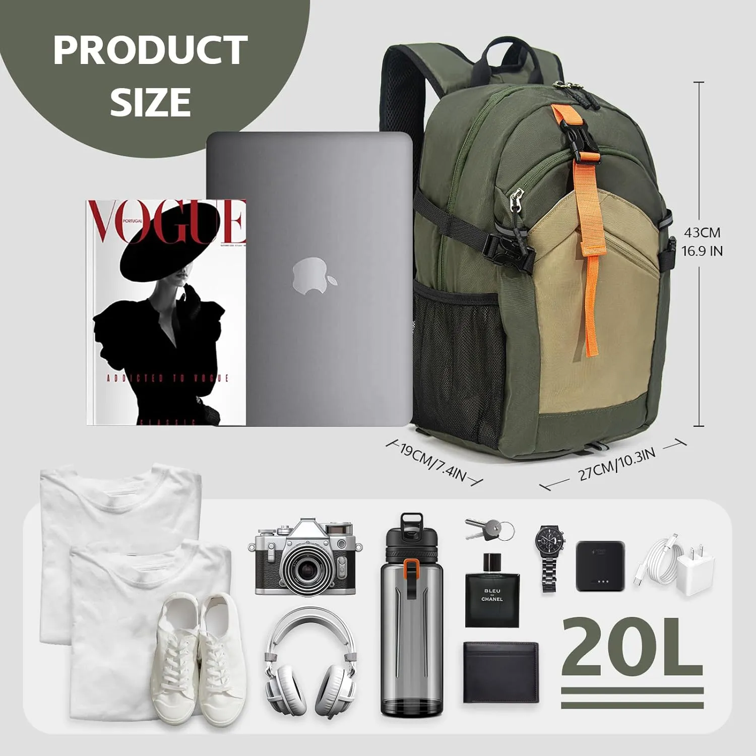 Small Hiking Backpack, 20L Lightweight Travel Backpack with Phone Pocket, Hiking Daypack for Women Men,Olive green