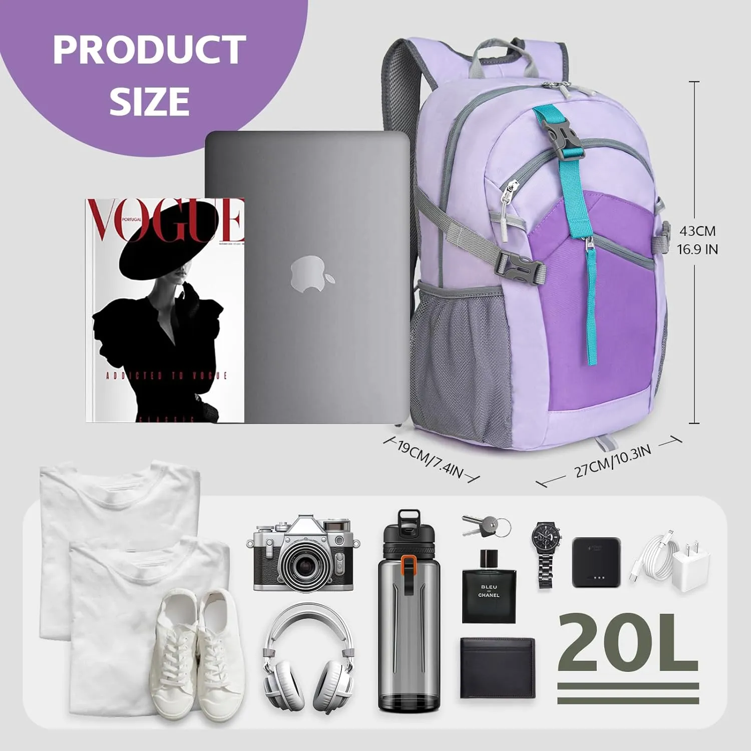 Small Hiking Backpack, 20L Lightweight Travel Backpack with Phone Pocket, Hiking Daypack for Women Men,Purple
