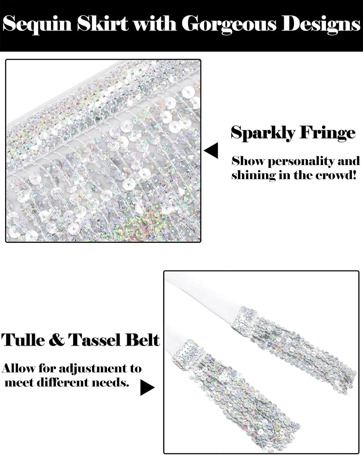Sparkly Sequin Skirt for Women - Glitter & Fringe, Tassel Rave & Belly Dance Wrap Skirt