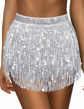 Sparkly Sequin Skirt for Women - Glitter & Fringe, Tassel Rave & Belly Dance Wrap Skirt