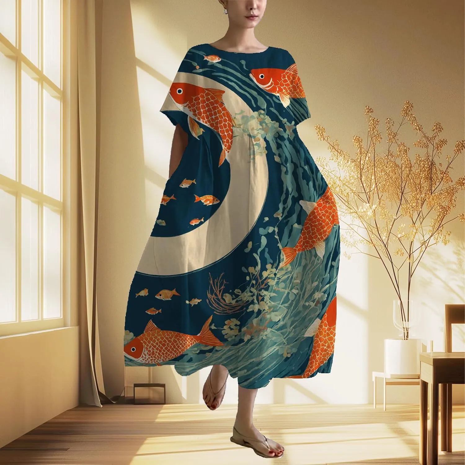 Summer Maxi Dress for Women Casual Plus Size Japanese Art Baggy Loose Fit Crew Neck Short Sleeve Beach Dress