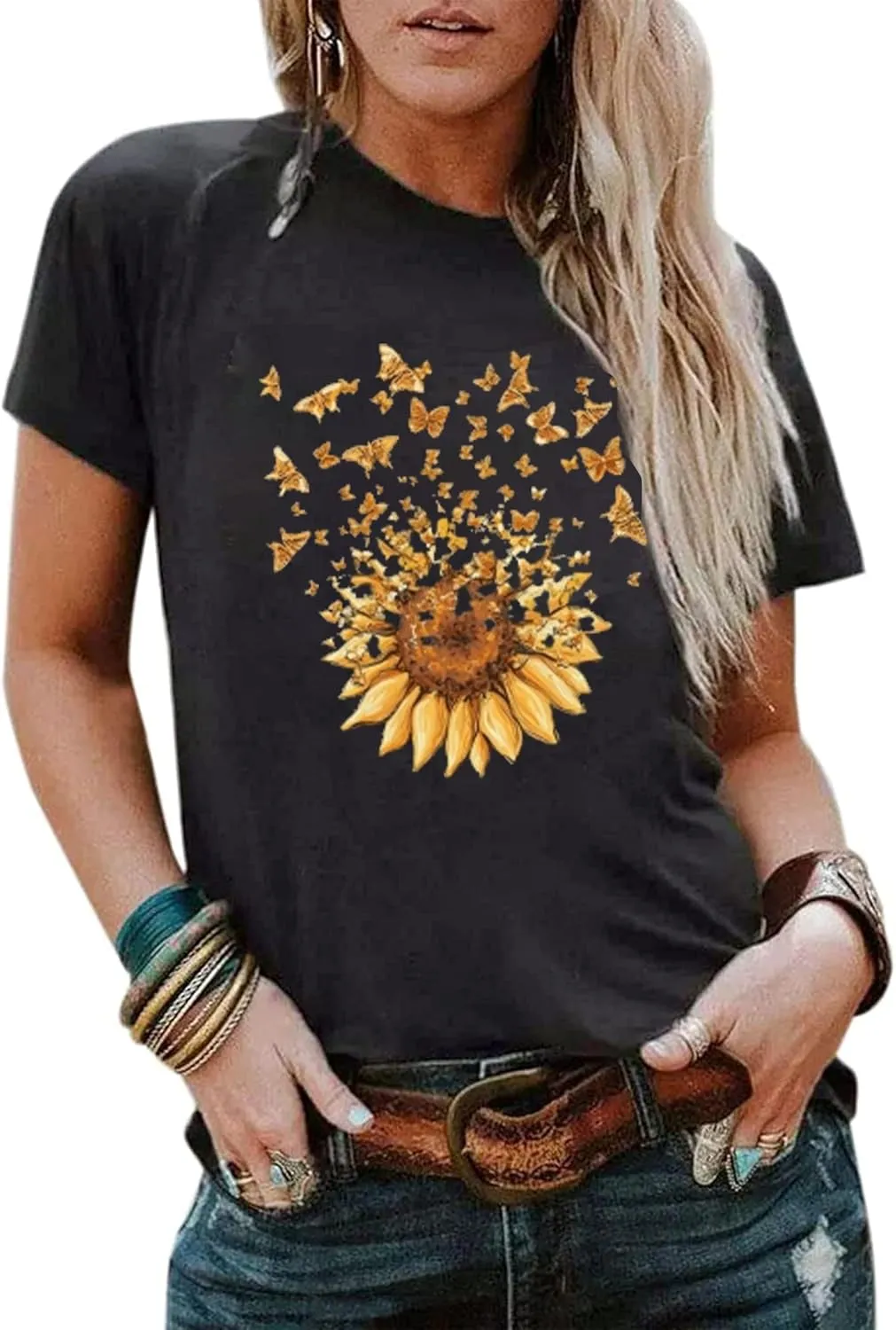 Sunflower Shirts for Women Cute Sunflower Graphic Print Tshirt Summer Casual Short Sleeve Tee Tops