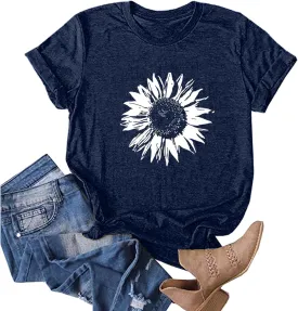Sunflower Shirts Women Sunflower Printed Tee Shirts Inspirational Tees Shirt Vintage Casual Short Sleeve Tops