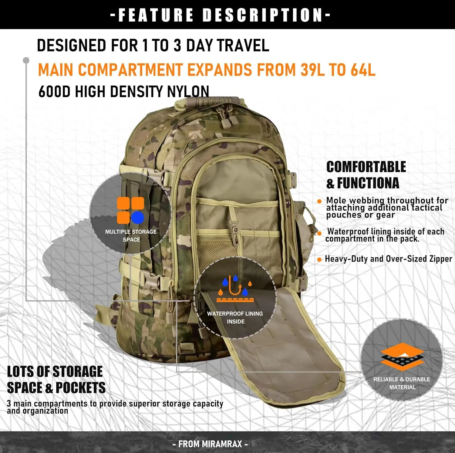 Tactical Backpack Military Army Daypack - Assault Pack for Men Molle Backpacks Bug Out Bag 3 Day Pack for Hiking Camping Travel Hunting Rucksack Trekking Camo