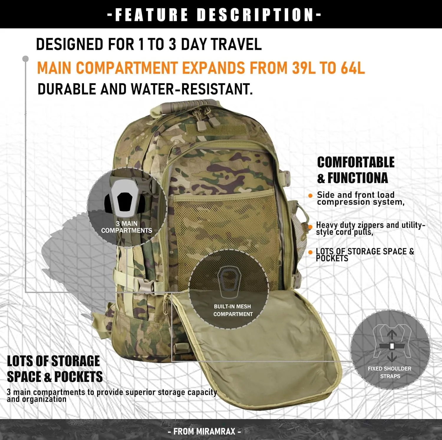 Tactical Backpack Military Army Daypack - Assault Pack for Men Molle Backpacks Bug Out Bag 3 Day Pack for Hiking Camping Travel Hunting Rucksack Trekking Camo