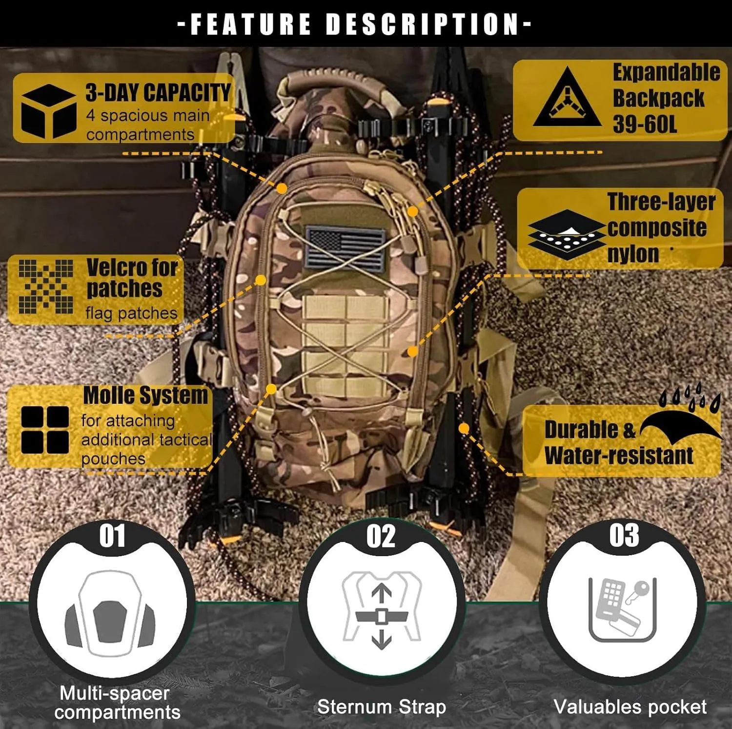 Tactical Backpack Military Army Daypack - Assault Pack for Men Molle Backpacks Bug Out Bag 3 Day Pack for Hiking Camping Travel Hunting Rucksack Trekking Camo