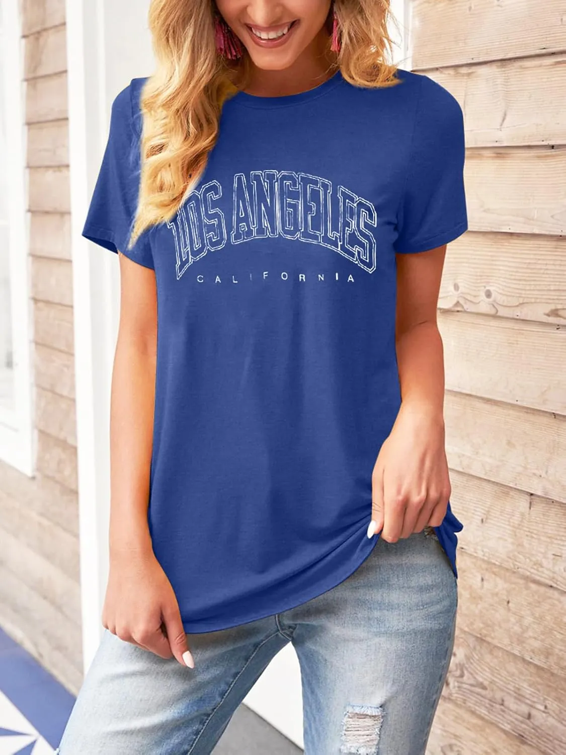 TAKEYAL Women Los Angeles Graphic T Shirts California Letter Print Short Sleeve Tee Loose Casual Tops
