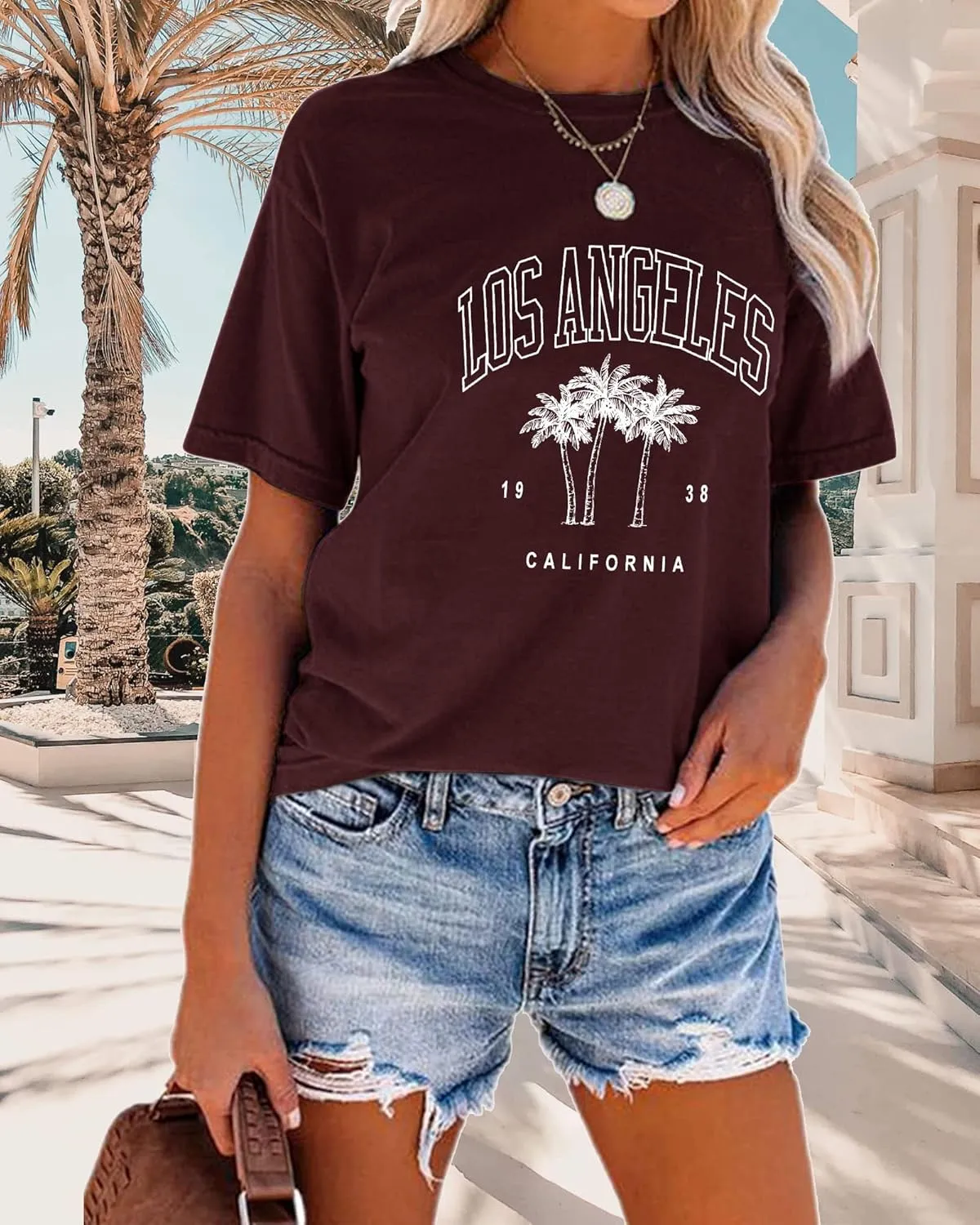TAKEYAL Women Los Angeles Graphic T Shirts California Letter Print Short Sleeve Tee Loose Casual Tops