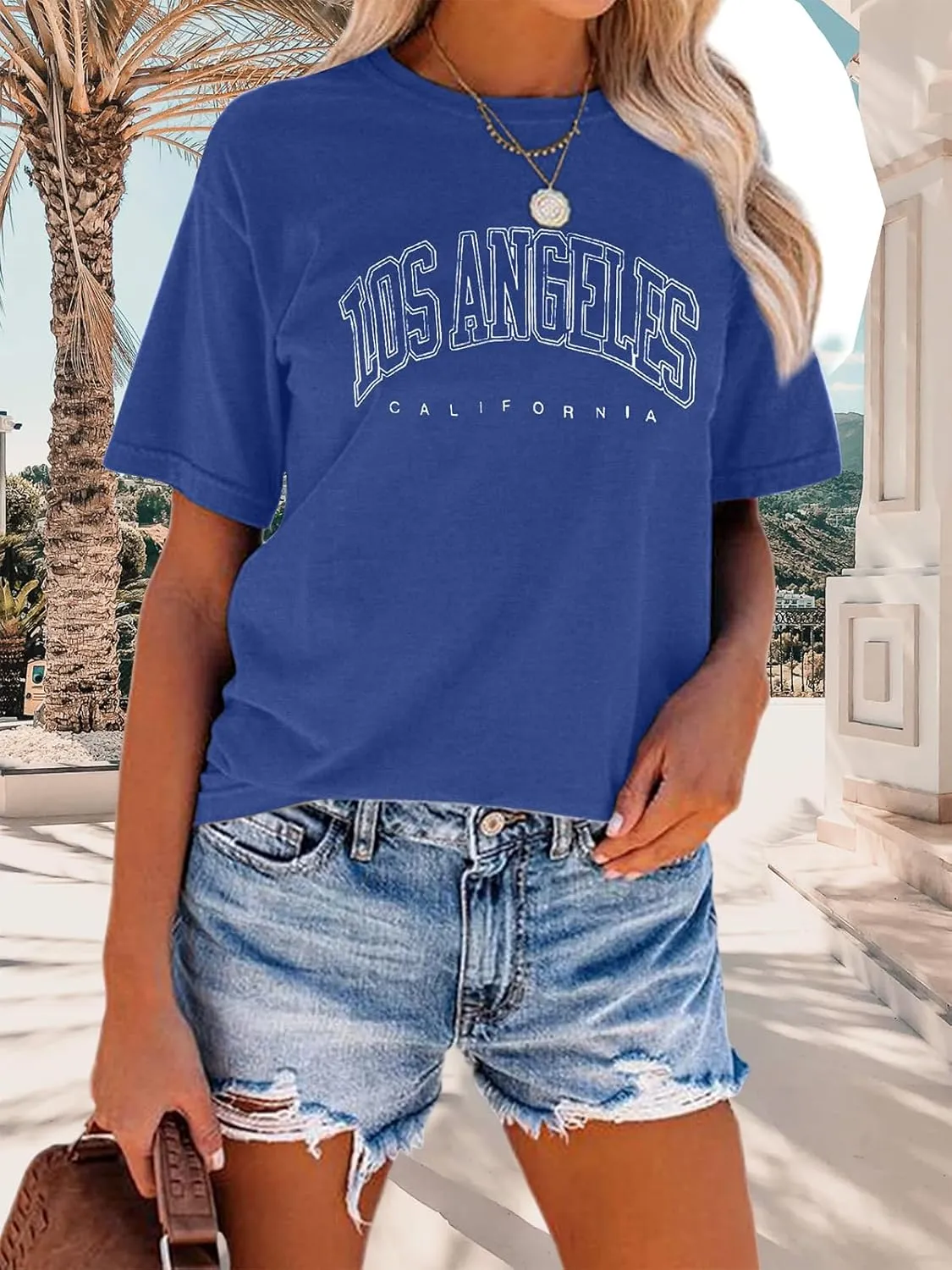 TAKEYAL Women Los Angeles Graphic T Shirts California Letter Print Short Sleeve Tee Loose Casual Tops