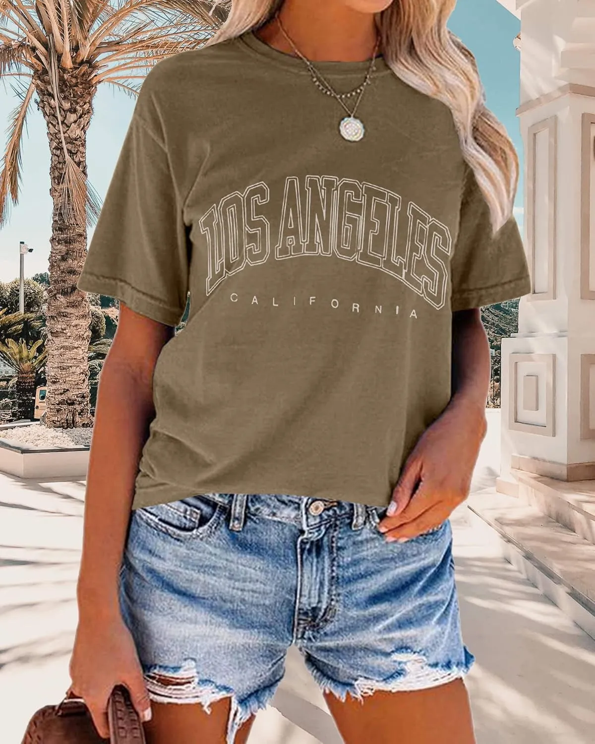 TAKEYAL Women Los Angeles Graphic T Shirts California Letter Print Short Sleeve Tee Loose Casual Tops