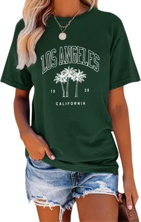 TAKEYAL Women Los Angeles Graphic T Shirts California Letter Print Short Sleeve Tee Loose Casual Tops