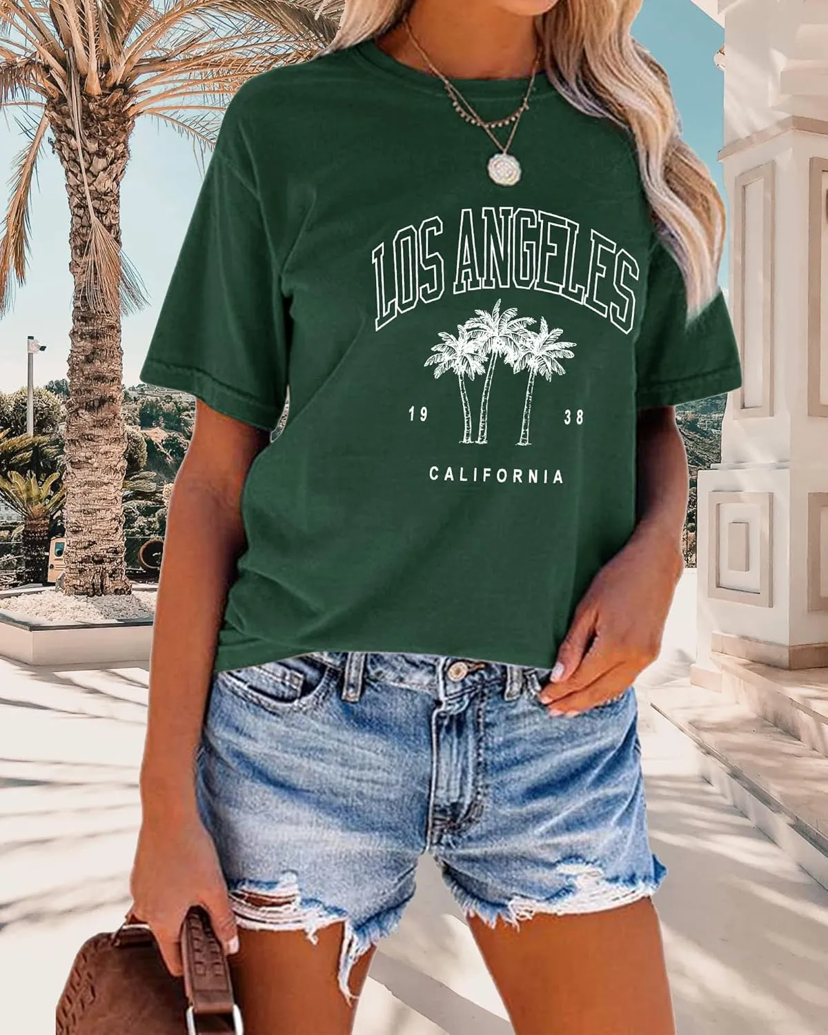 TAKEYAL Women Los Angeles Graphic T Shirts California Letter Print Short Sleeve Tee Loose Casual Tops