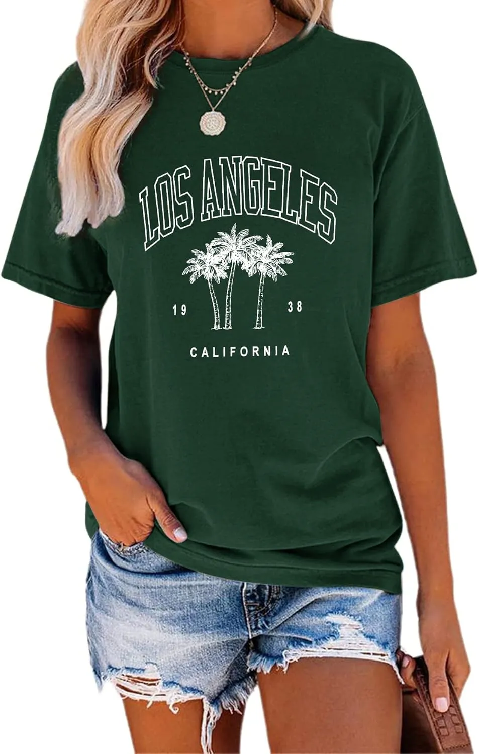 TAKEYAL Women Los Angeles Graphic T Shirts California Letter Print Short Sleeve Tee Loose Casual Tops