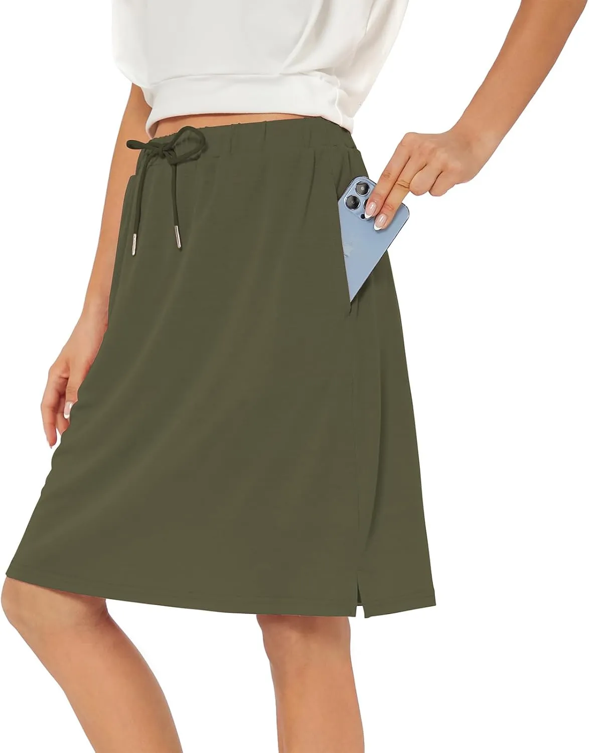Tennis Skirt for Women with Pockets Athletic Skort Knee Length Golf High Waist Skirt Drawstring Shorts
