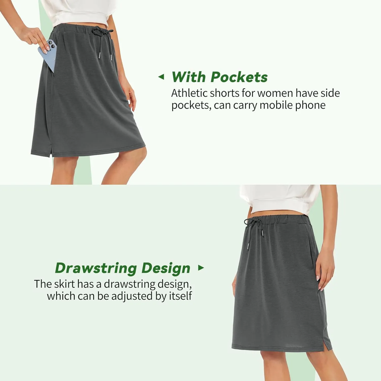 Tennis Skirt for Women with Pockets Athletic Skort Knee Length Golf High Waist Skirt Drawstring Shorts