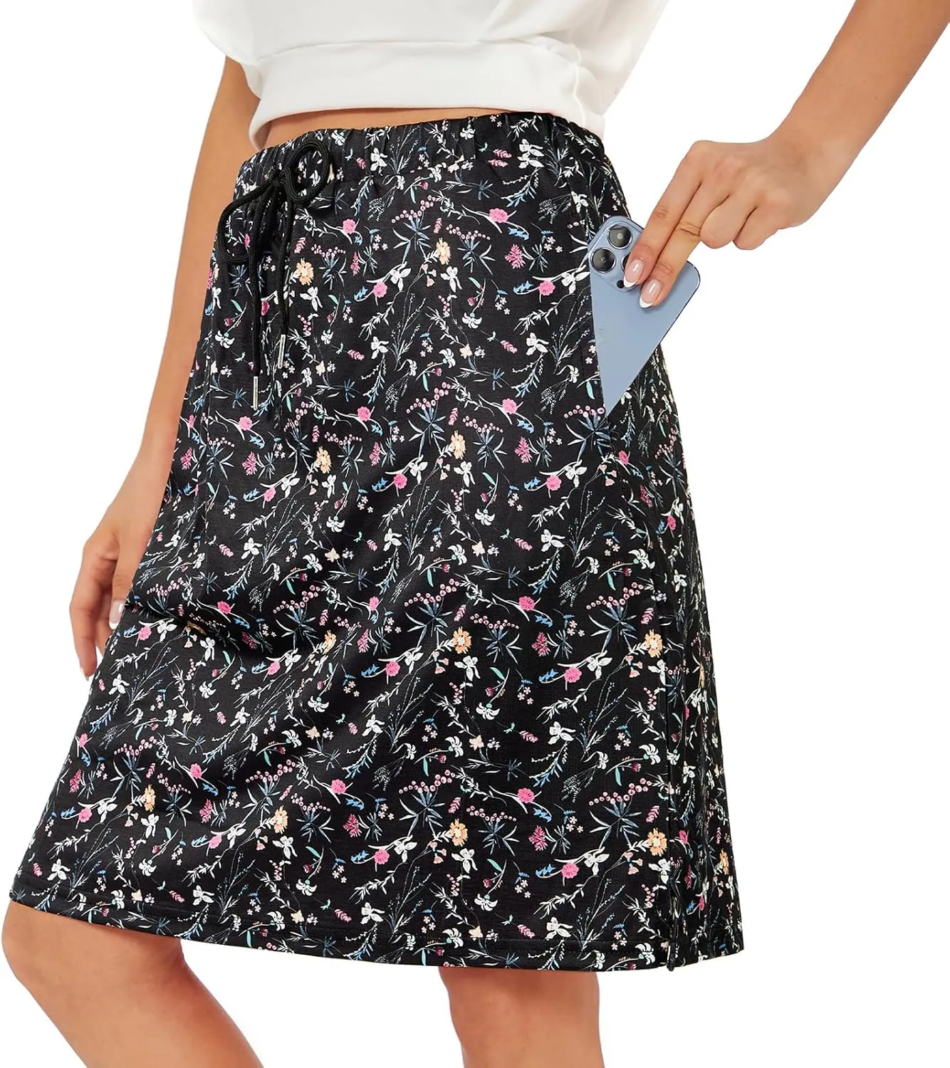 Tennis Skirt for Women with Pockets Athletic Skort Knee Length Golf High Waist Skirt Drawstring Shorts