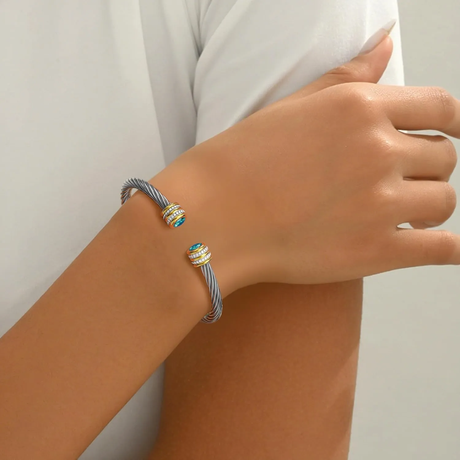 Twisted Cable Cuff Bracelet, 18K Plated Gold Bracelet For Women, Purple Crystal and CZ Accents