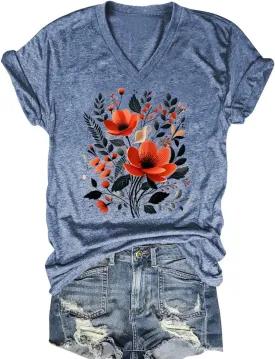 V Neck T Shirts for Women Cute Flower Graphic Tees Summer Tops Floral Print T Shirts Vintage Wildflower Tees