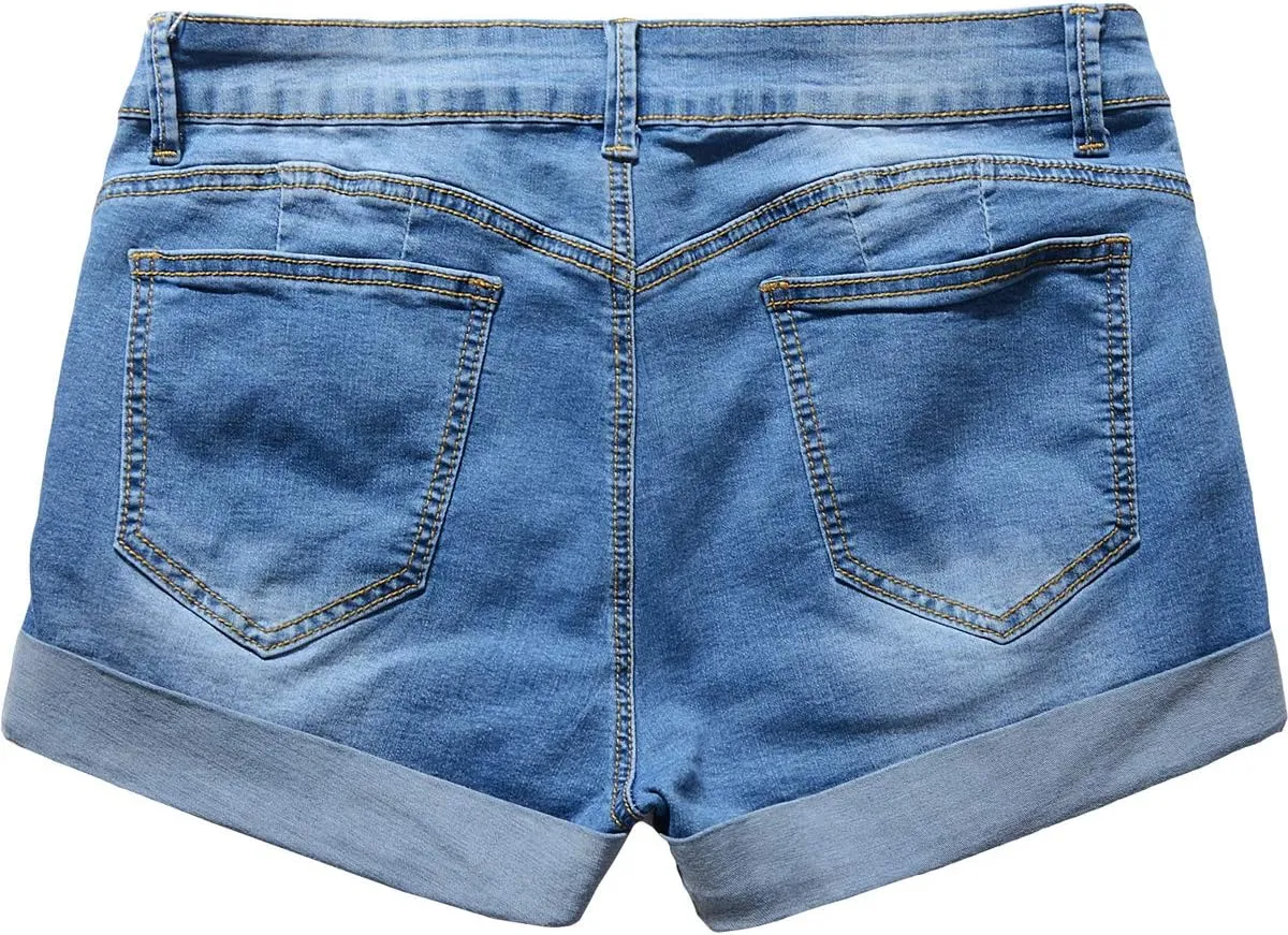 vanberfia Women's Stretchy Denim Mid Rise Jean Shorts with Pockets
