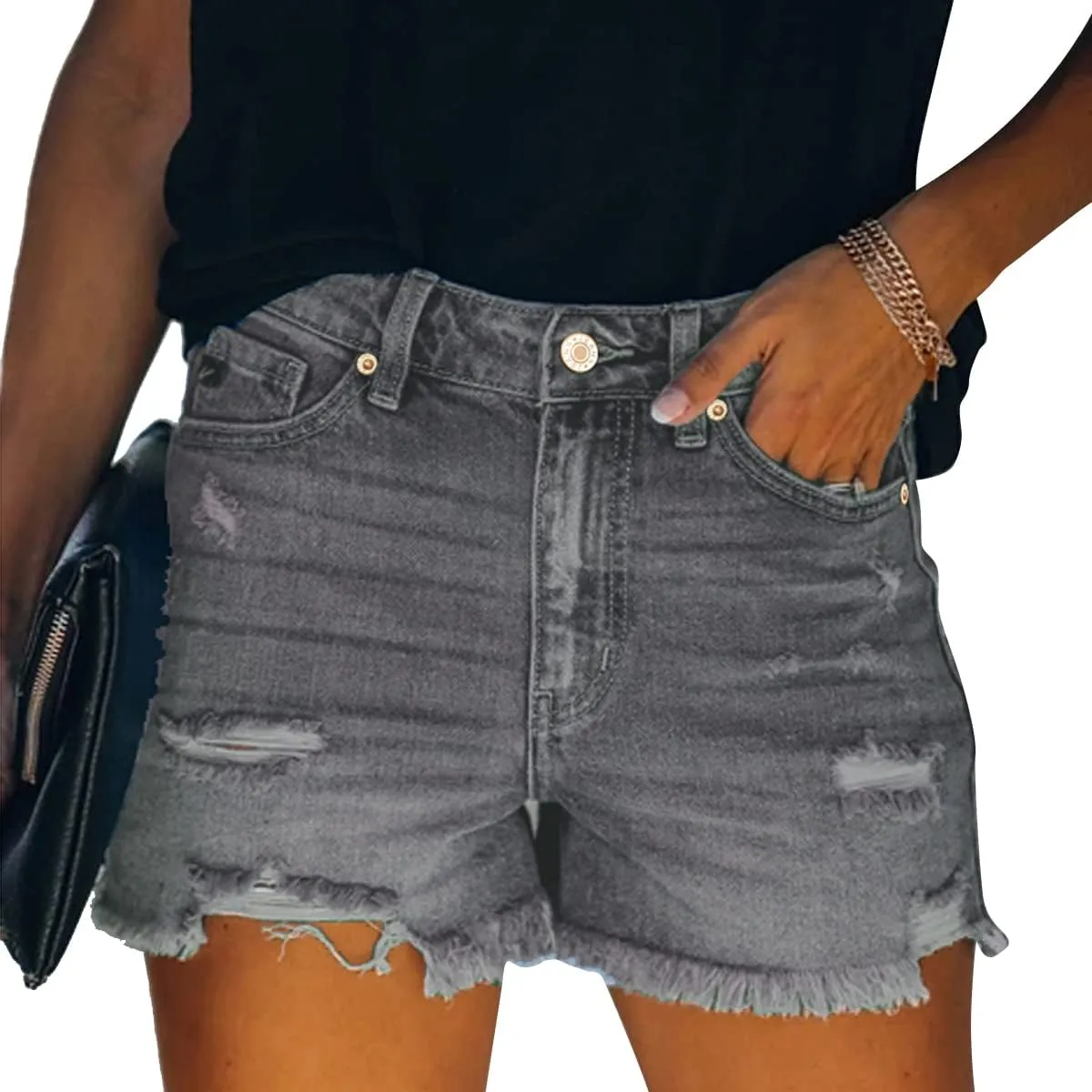 vanberfia Women's Stretchy Denim Mid Rise Jean Shorts with Pockets