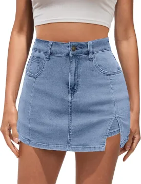 Vetinee Jean Skorts for Woman High Waisted Trendy Slit Stretchy Denim Skirt with Shorts Y2K Casual Summer Skorts Skirts